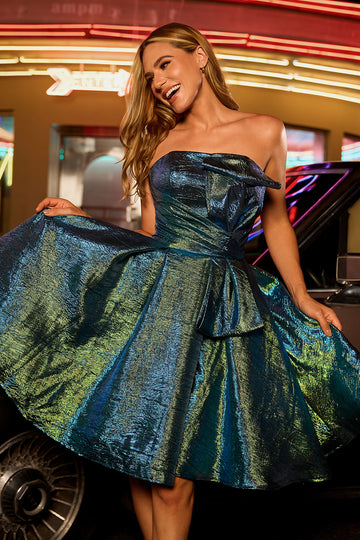 Metallic Peacock Green Strapless A Line Homecoming Dress